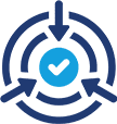 A blue circle with arrows around it and an arrow pointing to the center of each corner.